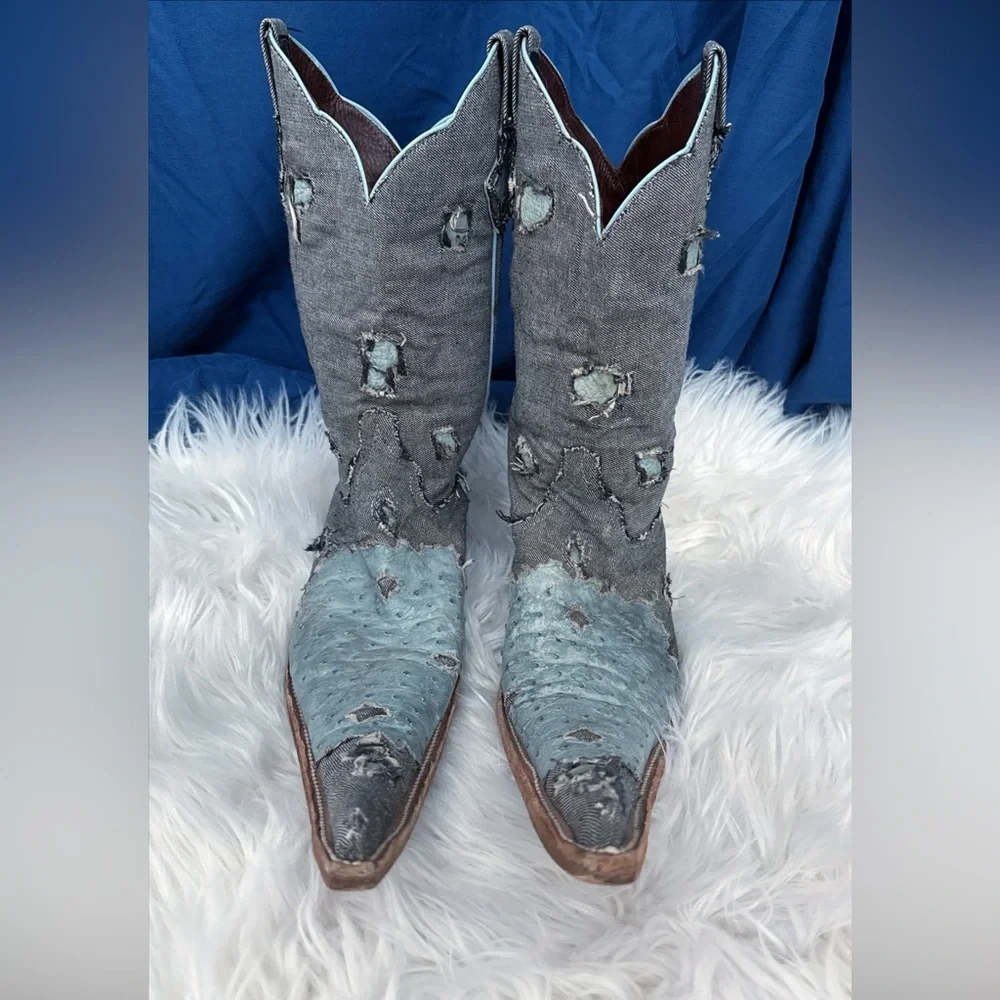 Bilbo ( coach roach kickers)Distressed Blue Denim Western boots US 9.5 - Picture 1 of 7